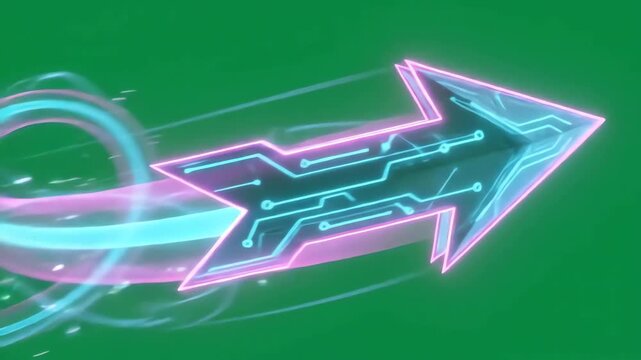 Dynamic neon glowing arrow moving across green screen background with smooth animation and light trail effect