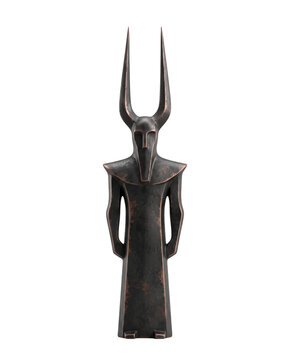 Tall dark figurine designed as horned god statue cutout for mythology, ritual, or occult symbolism