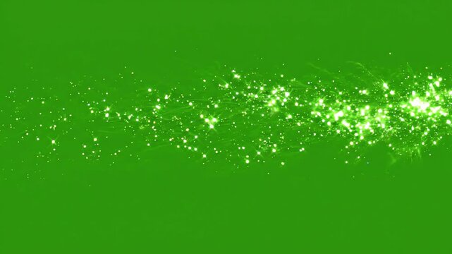 Glowing green comet with long sparkling tail flying fast across bright green screen background for video overlay
