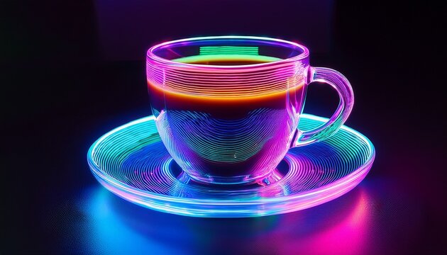 a cup of coffee is lit up with neon colors and is sitting on a glass plate