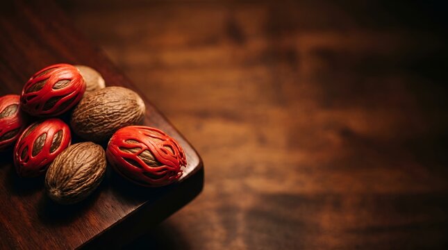 Whole nutmeg seeds with vibrant red mace spice texture copy space