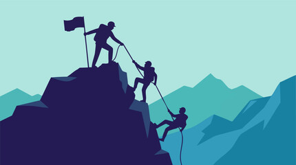 Fototapeta premium Silhouettes of climbers reaching mountain peak with teamwork and leadership