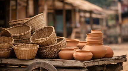 Obraz premium Minimalist Rattan Baskets and Terracotta Pots Market Background