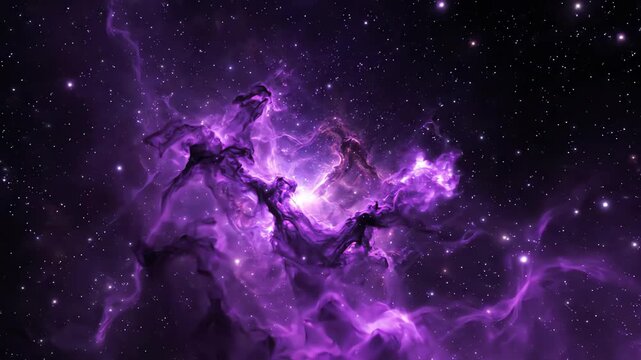 Seamlessly looping slow motion particles of glowing purple and deep indigo dust swirl and flow like a cosmic nebula within a vast dark space