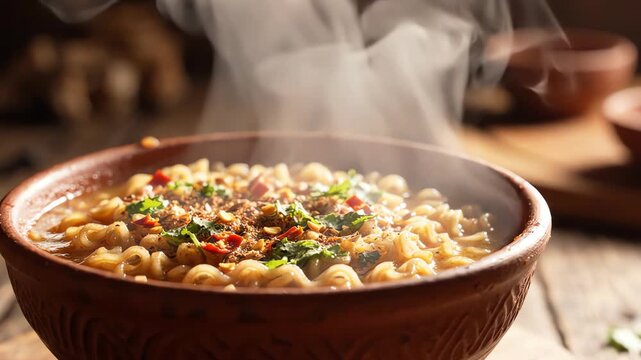 Steaming hot masala instant noodles with rising vapor served in a ceramic bowl with aromatic spices under soft cinematic lighting and selective focus