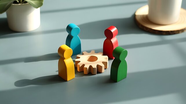 Colorful wooden peg dolls standing around a wooden gear on a grey surface representing teamwork collaboration and strategic business cooperation