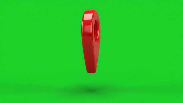 Three dimensional red location pin icon rotating and bouncing against a bright chroma key green screen background for video editing