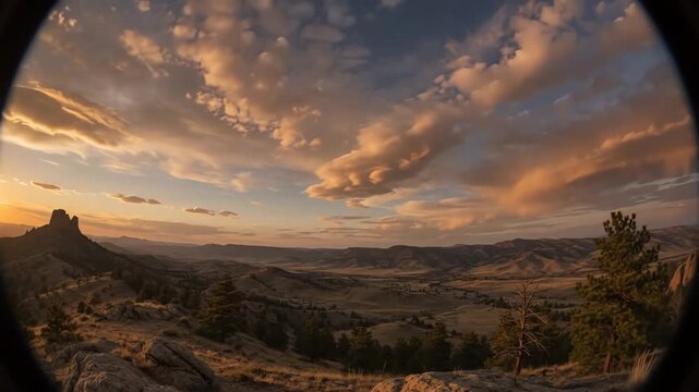 Cinematic fisheye view of golden sunset over Horsetooth Mountain open space in Colorado with sweeping orange clouds