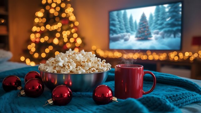 Festive christmas night setup with a bowl of popcorn and a hot red mug on a soft blue blanket near a glowing tree and television screen