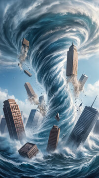 Water tornado lifting skyscrapers from flooded city. Surreal depiction of natural disaster and climate change impact on urban environment.