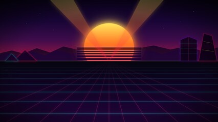 Neon Sunset Cyberpunk Grid Landscape Background © Spendora