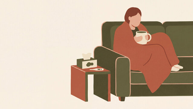Woman wrapped in a blanket on a sofa with tea and tissues during a cold modern editorial illustration