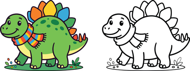 Cute Stegosaurus Dinosaur Wearing Winter Scarf Coloring Page Vector Illustration © MstAsia