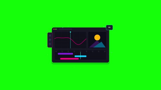 Video Editing Software Interface Animation on Green Screen Background.