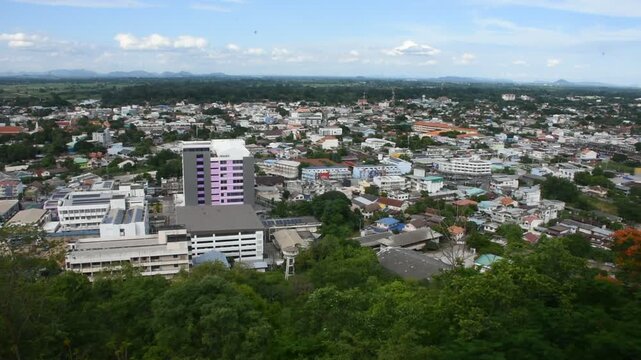 View landscape cityscape of Nakhonsawan city from Nakhon Sawan Observation Tower offering 360 degree atop Khao Daowadueng Hill for thai people travelers visit on July 2, 2026 in Nakhon Sawan, Thailand