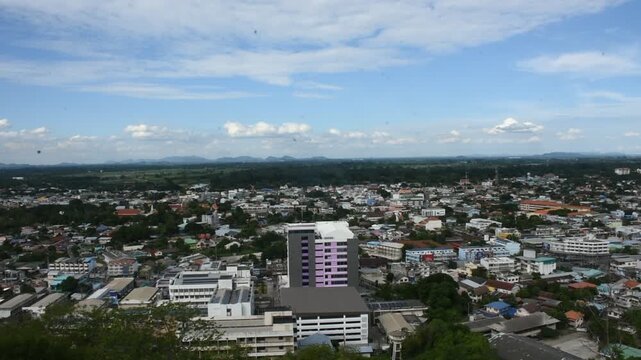 View landscape cityscape of Nakhonsawan city from Nakhon Sawan Observation Tower offering 360 degree atop Khao Daowadueng Hill for thai people travelers visit on July 2, 2026 in Nakhon Sawan, Thailand