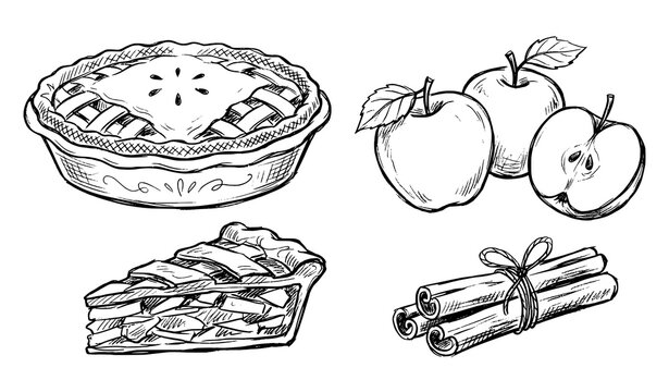 Hand drawn apple pie bakery vector set with pie slices apples and cinnamon sticks