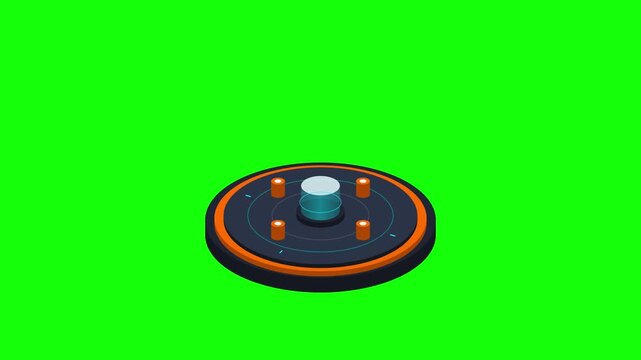 Futuristic circular tech platform rising with glowing holographic cylinders on