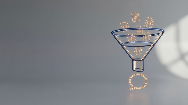 Funnel filtering documents beside speech bubble