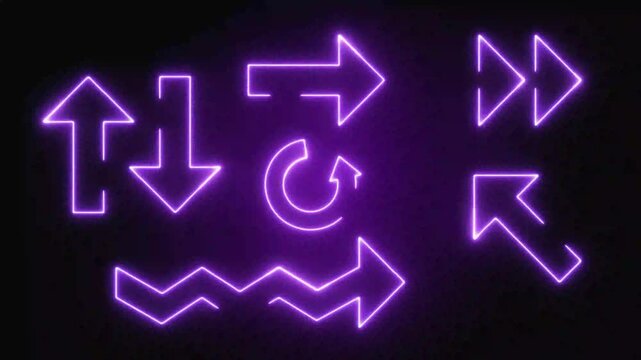 Collection of glowing purple neon arrows appears and lights up against a black background, featuring direction, navigation, upload, download, refresh, return and fast-forward symbols. 3D animation
