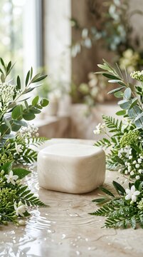 A stone podium display stand surrounded by fresh green foliage and white flowers.