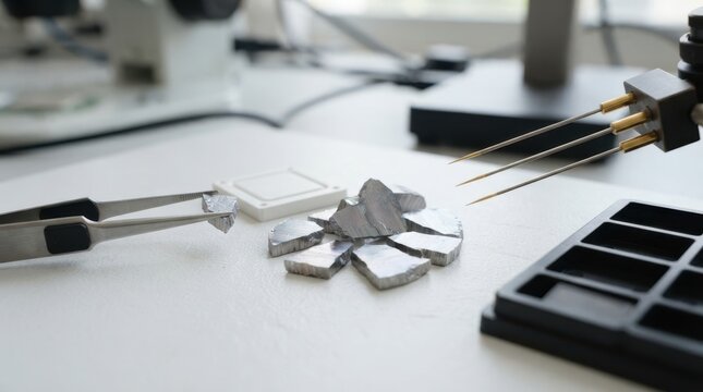 Silicon carbide wafer fragments with antistatic tweezers, ceramic heat spreader, gold probe needles, and chip tray on a white bench