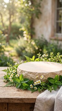 A natural stone podium decorated with fresh green leaves and small white flowers on a wooden table.