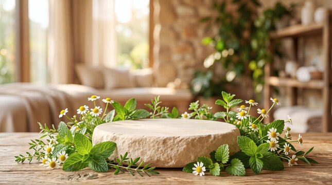 Natural stone podium display decorated with fresh green mint leaves and small white chamomile flowers in a spa setting.