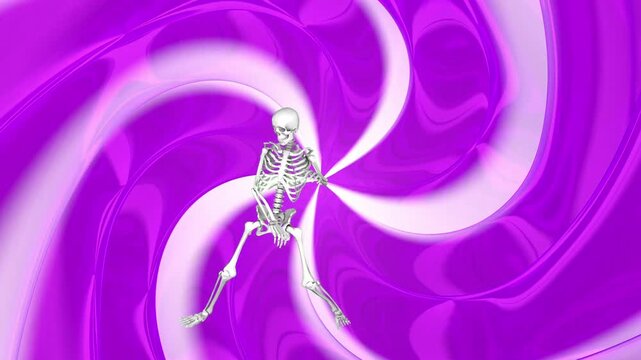 Human skeleton performs expressive dance poses against a purple and white swirling background, creating a playful surreal scene for music, party, Halloween and entertainment. 3D animation