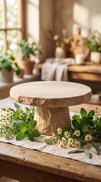 Rustic stone cake stand decorated with fresh wildflowers on a wooden table.
