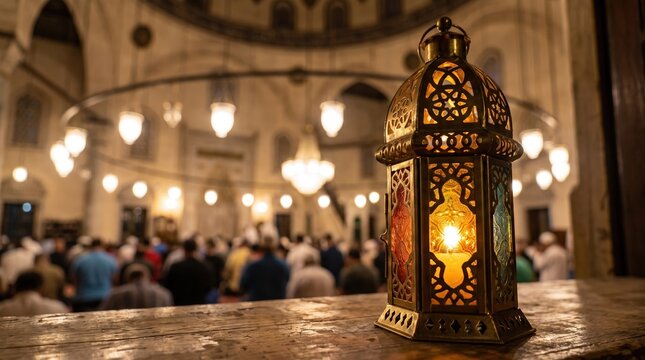 Ramadan lantern with worshippers