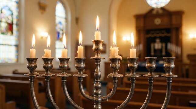 Lit Hanukkah menorah in synagogue