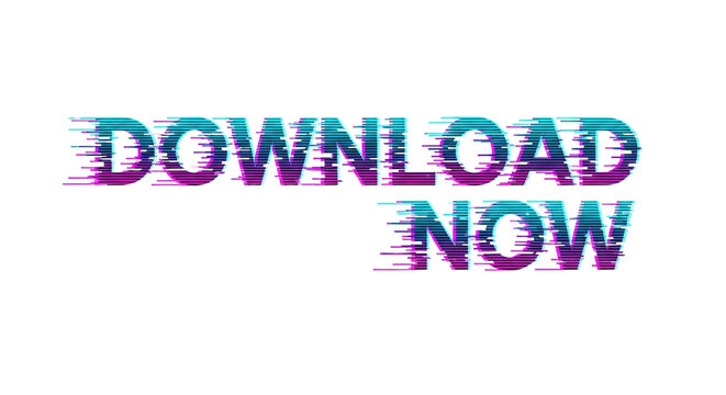 Download Now text with digital glitch effect, RGB distortion, vibrant purple and teal gradient typography, futuristic technology lettering style, web button design element