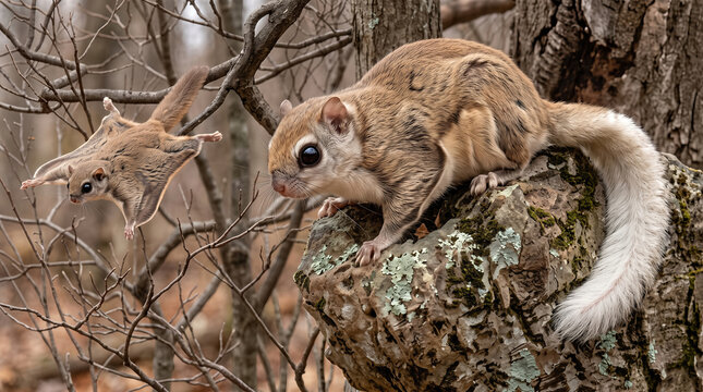 Two Japanese dwarf flying squirrels (Pteromys momonga) on a mossy tree trunk and gliding in a forest