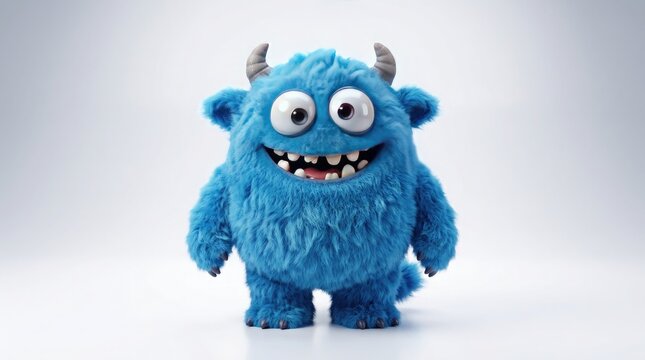 Charming blue monster character with large eyes and a playful grin against a soft gradient background