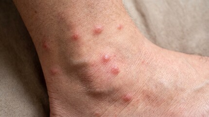 Naklejka premium Several mosquito bites on ankle with red raised bumps and variation in size, realistic skin texture on neutral background