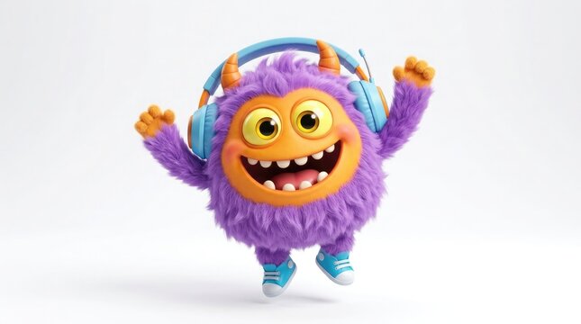 Playful orange monster character with purple fur and headphones cheerfully raising both hands in excitement