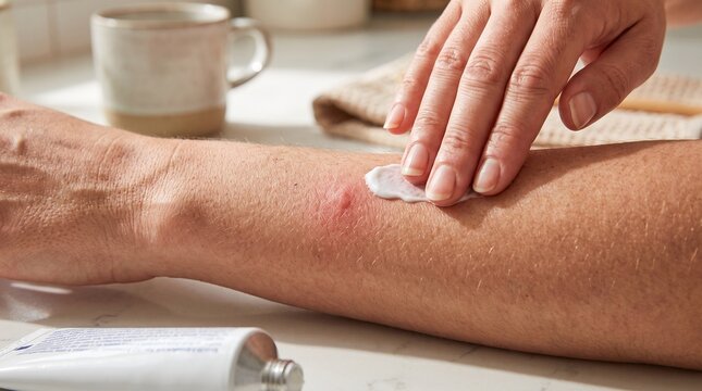Person applying soothing anti-itch cream to mosquito bite on forearm, gentle treatment for insect sting relief