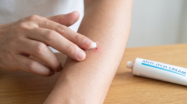 Person applying soothing anti-itch cream to mosquito bite on forearm, gentle treatment for insect sting relief