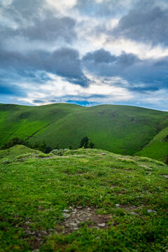 View of the lush green rolling meadows of the Ali Bedni Bugyal trek under a dramatic cloudy sky in the Himalayan mountains, Chamoli, Uttarakhand, India.