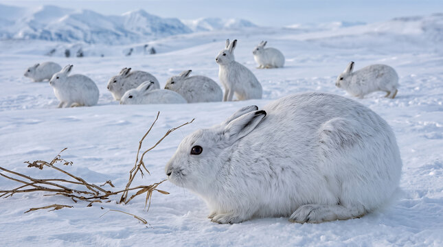 Arctic hare (Lepus arcticus) herd in snowy winter landscape with mountains