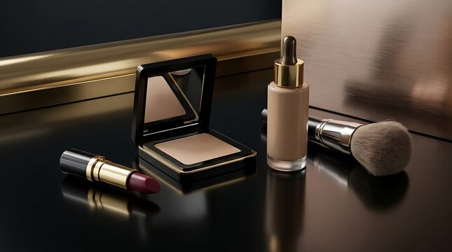 Cosmetic makeup products including liquid foundation bottle compact powder lipstick and brush on black. high-end makeup sale