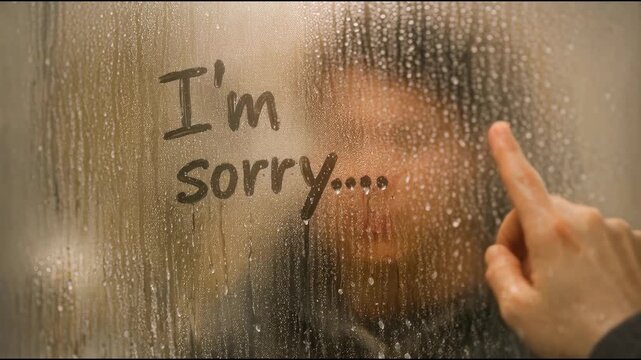 A person apologizing by writing on a window, perfect for a wide range of situations where a heartfelt apology is needed