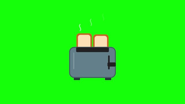 2D animation of a gray kitchen toaster with two slices of toasted bread popping up and emitting steam, isolated on a bright green screen background for video editing and motion.