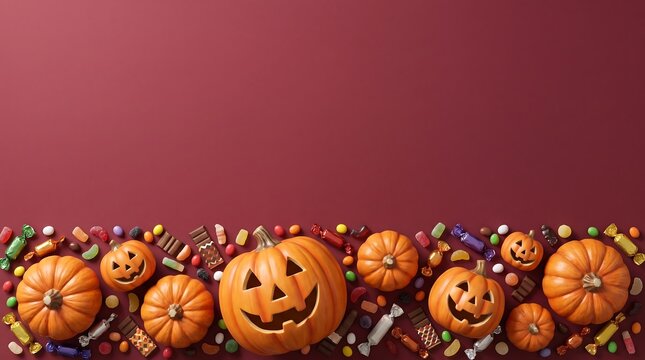 A spooky and festive halloween scene with jack o' lanterns and colorful candy for a thrilling holiday celebration