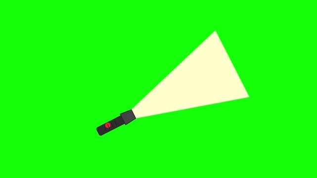 2D animation of a black flashlight with a red button emitting a bright triangular beam of light onto a green screen chroma key background for visual effects and motion graphics.