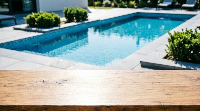 Wooden Table Top with Swimming Pool Background for Product Display