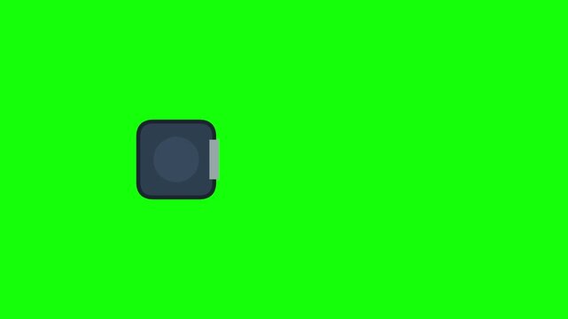 2D flat style animation of a yellow retractable measuring tape tool extended from a grey case, isolated on a bright green screen background for video editing and motion graphics.