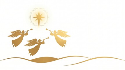 Fototapeta premium golden angels blowing trumpets flying towards shining star. christmas and new year celebration. winter holiday decoration. greeting card, banner, website header with copyspace.
