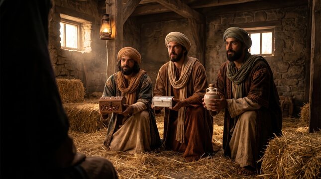 three wise men kneeling with gifts in stable. middle eastern magi holding gold, frankincense, myrrh. christmas nativity scene, christian religion biblical story. banner, website header design.